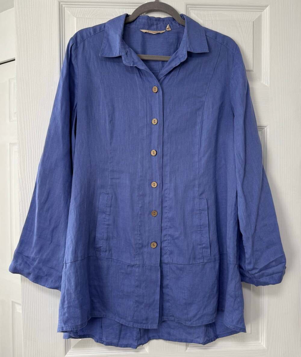 Soft Surrounding Women's Blue 100%Linen Roll Tab Sleeve Tunic Top Medium